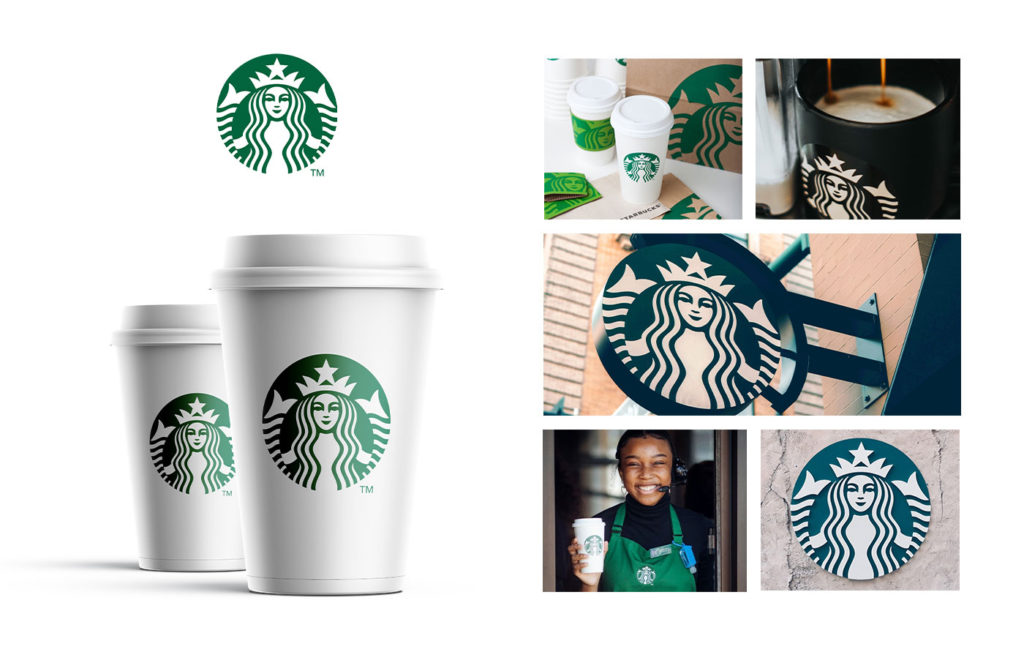 Starbucks brand identity compilation with branded Starbucks cup, sign and employee | OpenAsset 