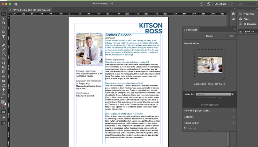 resume template example with InDesign in OpenAsset 