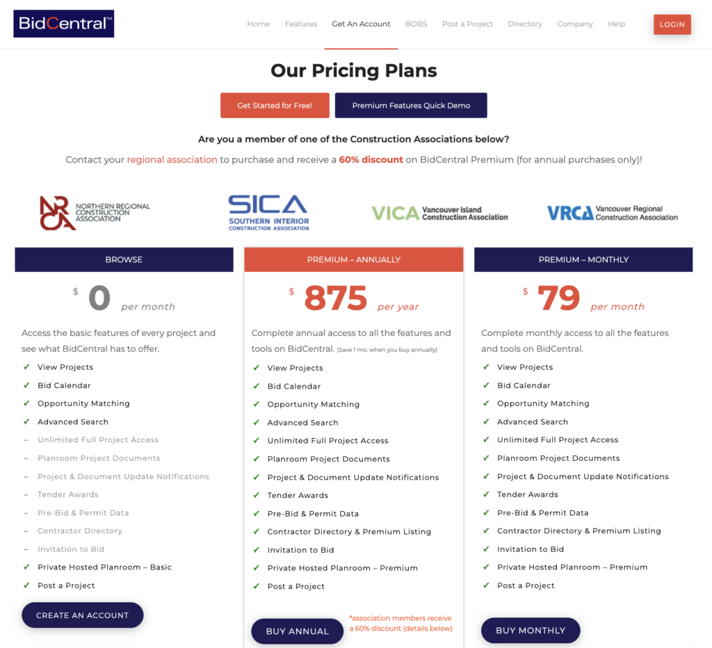 BidCentral pricing page 