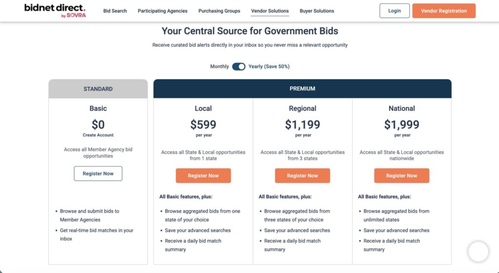 Bidnet direct pricing page screenshot
