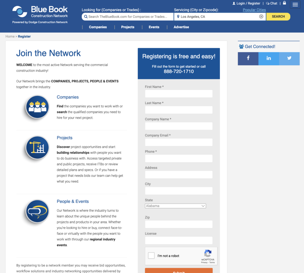 The Blue Book Building & Construction Network registration page 