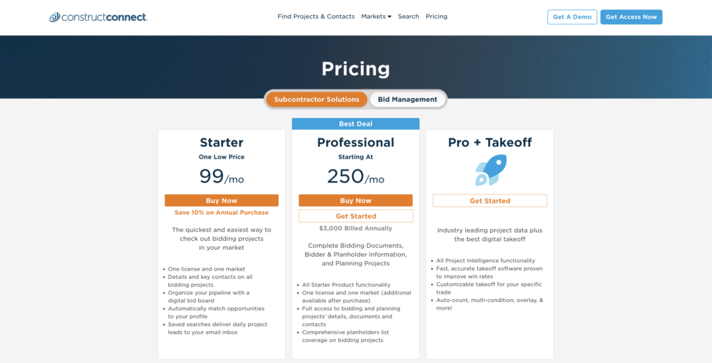 ConstructConnect pricing webpage 