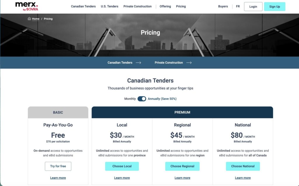 Merx pricing page screenshot