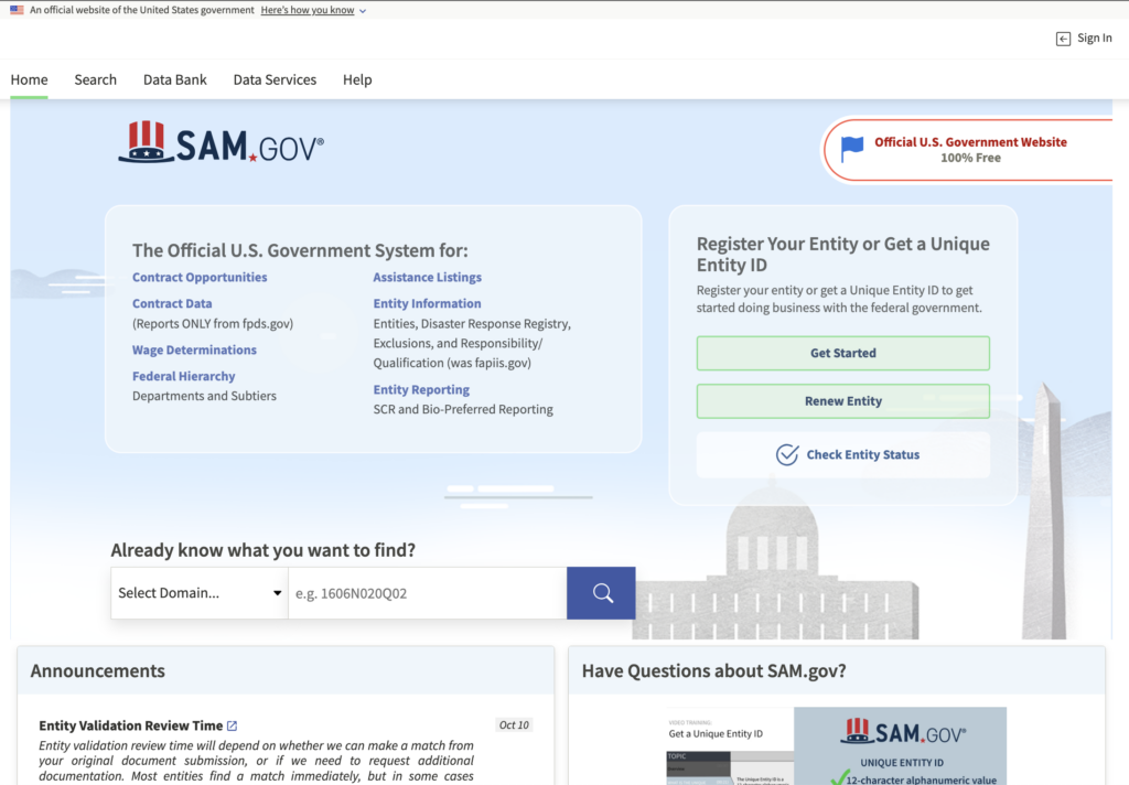 SAM.gov homepage 