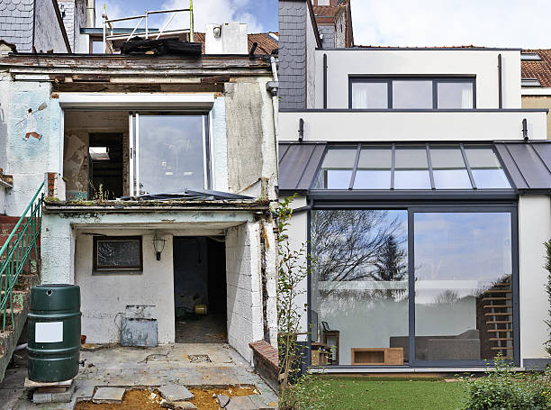 Before and after pictures of a renovation of a the back of a house 