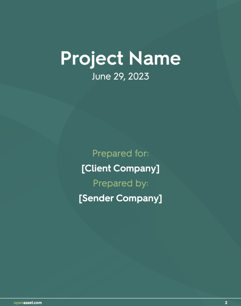 Cover page example including project name, date, client company, and sender company 
