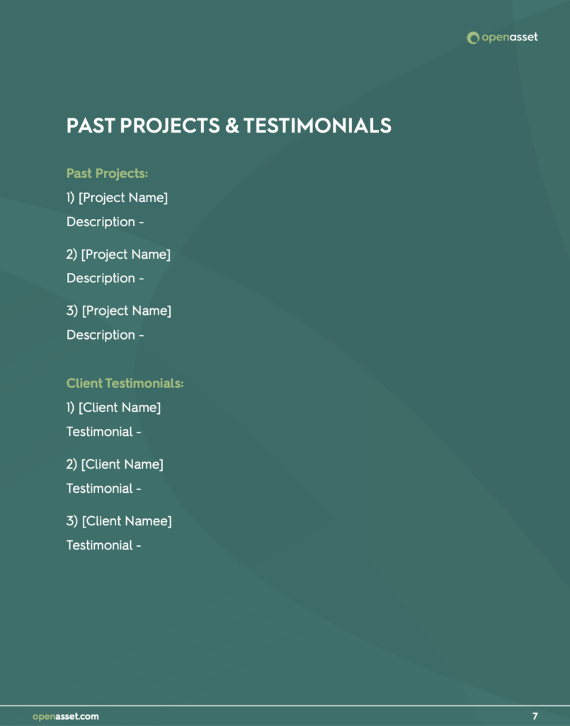 Past projects and testimonials example page in proposal 