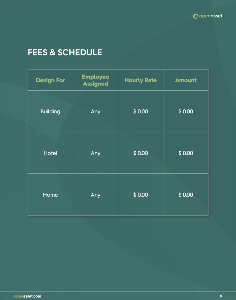 Project fees and schedule example in proposal 