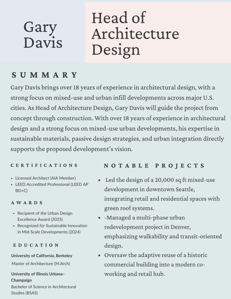 A sample resume of a head of architecture design named gary davis for an architecture proposal template.