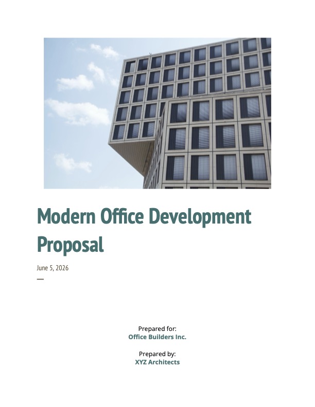 A cover page for a sample architecture proposal. It includes a picture of an office building, the title "Modern Office Development Proposal", the date, and the firm.