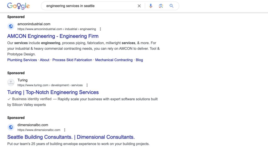 Google search results for engineering services in Seattle
