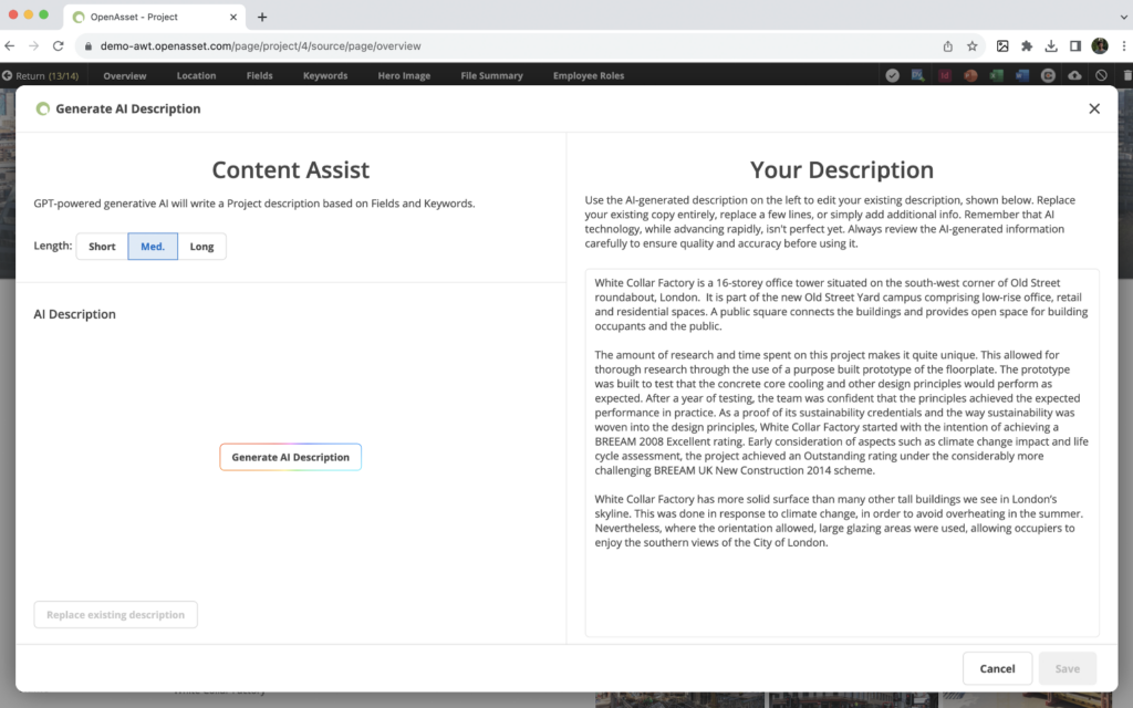 AI Content Assist in OpenAsset