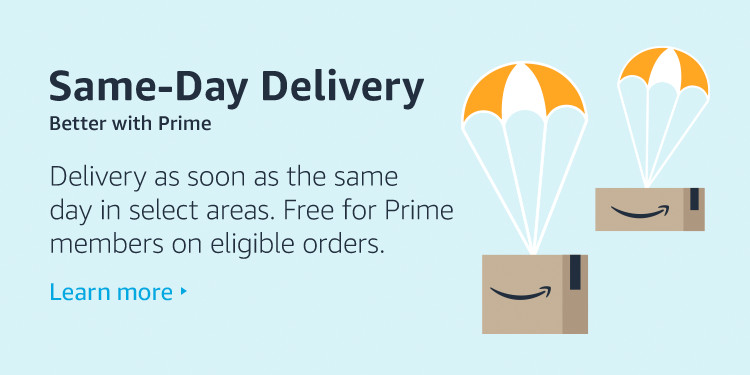 An Amazon Prime box with a parachute attached to it with black text next to it