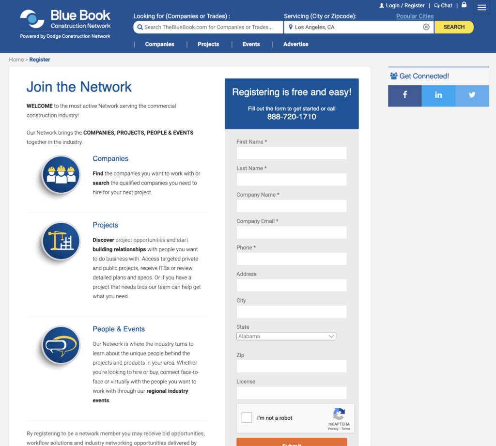 The Blue Book Building & Construction Network registration page