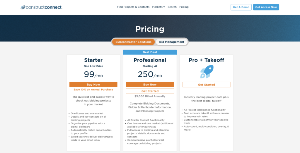 ConstructConnect pricing webpage