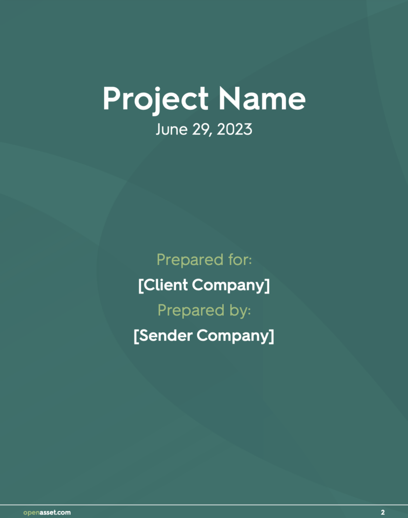 Cover page example including project name, date, client company, and sender company