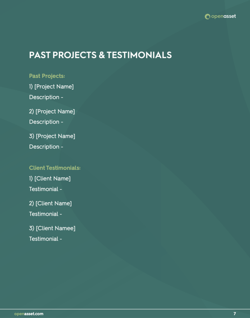 Past projects and testimonials example page in proposal