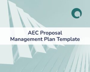 Light blue graphic with abstract building design, a dark green circular logo, and the text "AEC Proposal Management Plan Template" in the center, highlighting a streamlined proposal management plan template.