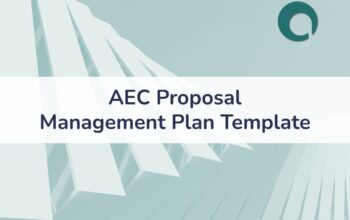 Light blue graphic with abstract building design, a dark green circular logo, and the text "AEC Proposal Management Plan Template" in the center, highlighting a streamlined proposal management plan template.