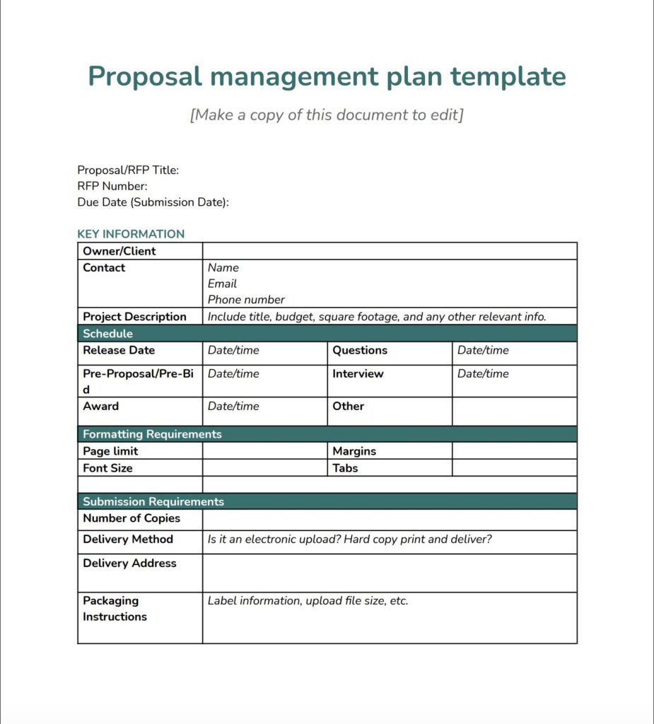 A proposal management plan template featuring sections for key information, schedule, formatting and submission requirements, delivery details, and packaging instructions— all organized in a clear table with labeled rows and columns.