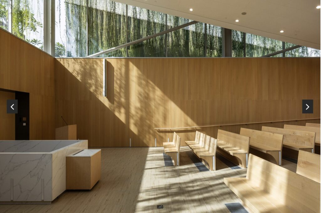 A modern, sunlit courtroom with light wood walls, benches, and ceiling. Large windows reveal greenery outside, casting natural shadows on the floor and furniture.