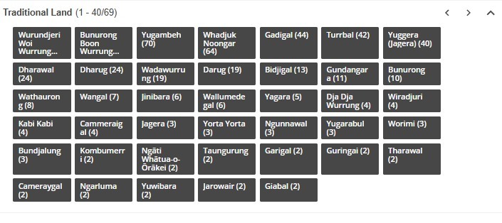 A list of Aboriginal and Torres Strait Islander nation names in black boxes, each with a number in parentheses, is featured under the heading Traditional Land as part of our RAP commitment.