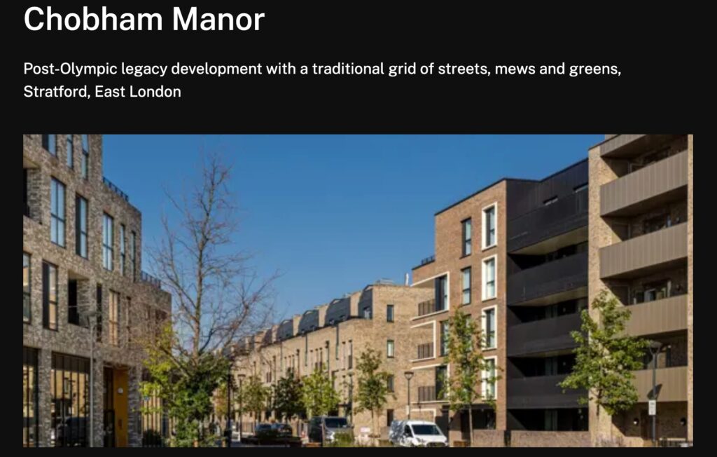 A modern residential street in Chobham Manor, Stratford, East London, features contemporary brick apartment buildings, young trees, and parked cars under a clear blue sky.